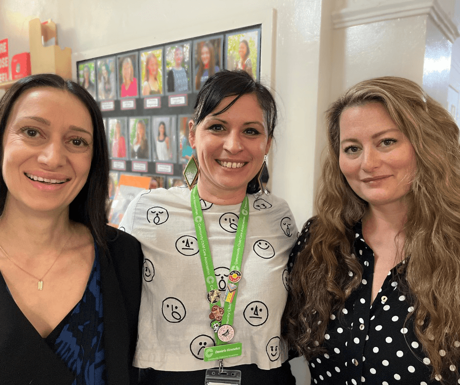 Assistant directors Pauline Mesiti and Simone Franzoni with Daniela Kavoukas.webp